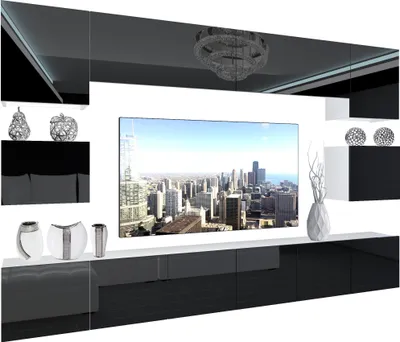 Produktbild von BELINI Wohnwand Vollausstattung Wohnzimmer-Set Moderne Schrankwand mit LED-Beleuchtung Weiß Glänzend Anbauwand TV-Schrank Schwarz Glänzend