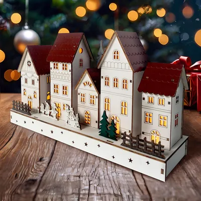 Produktbild von LED Holz Weihnachtsdorf mit Wintermotiv Batteriebetrieben
