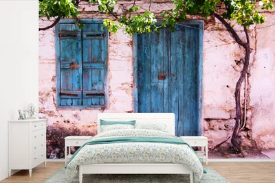 Produktbild von MuchoWow® Fototapete für Wohnzimmer oder Schlafzimmer Wandtapete Vinyl Motivtapete Vintage - Tür - Haus - Blau - Baum - 600x400 cm - Vinyltapeten