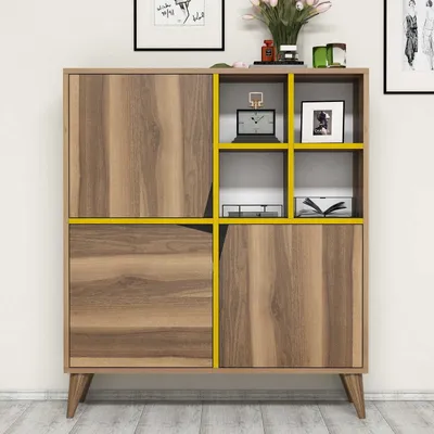 Obrázek produktu pro Skye Decor, Pulse - ořech, žlutá, víceúčelová skříňka, ořech, 100 % MELAMÍNEM POVLÁKNĚNÁ DESKA, 100 x 30 x 115 cm