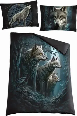 A collage of bedding items featuring wolf designs in a forest setting.