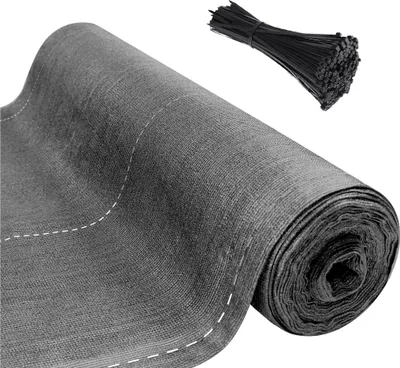 A roll of grey fabric, likely for a fence or balcony screen, with a bundle of black zip ties in the upper right corner.