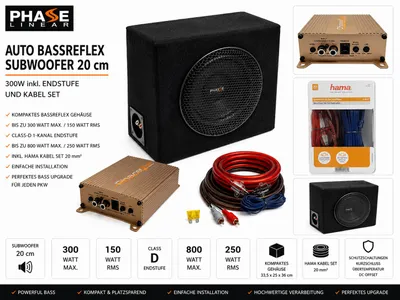 Produktbild von Phase Linear 20 cm Auto Bassreflex Subwoofer Set inkl. 1-Kanal Endstufe & Hama Kabelset 300 Watt, KI-generiertes Bild