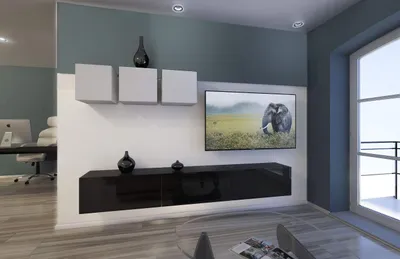 Produktbild von Furnitech Wohnwand Wohnzimmer - Wohnzimmer Möbel mit LED Blau - Hängend Wohnwand Modern - Regale und TV Schrank (AN13-18BW-HG3 1B)