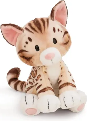 A plush toy Bengal cat sitting on a white background.