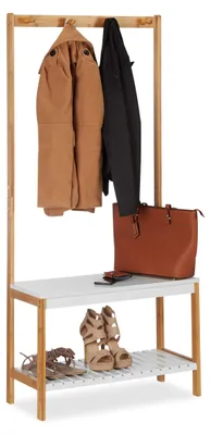 Produktbild von Relaxdays Garderobenständer mit Schuhregal, 4 Kleiderhaken, natur-weiß