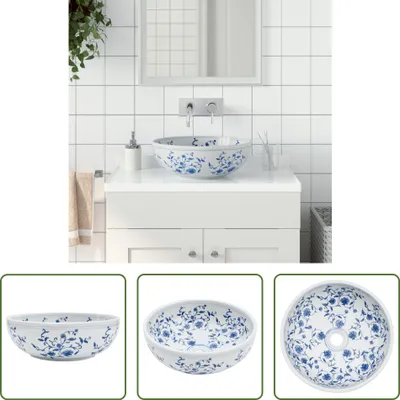 Produktbild von The Living Store Aufsatzwaschbecken Weiß und Blau Rund Ø41x14 cm Keramik