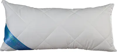 A white pillow with a blue band on the left side.