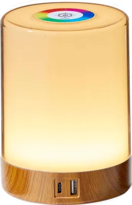 A close-up, front-facing studio shot of a cylindrical LED table lamp with a wood-grain base.