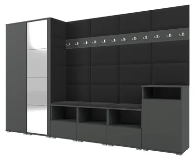 Produktbild von Garderobe NELA XII 300 cm Modulare Flurmöbel Graphit mit Spiegel & Sitzpolster Schwarz 16 (Gigantisches Set)