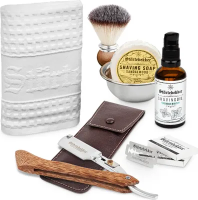 Produktbild von Störtebekker Rasurpflege Set Premium - Rasiermesser Holzgriff & Leder-Etui (Café), Rasierpinsel, Rasierschale, Rasiertuch, Rasieröl & Rasierseife