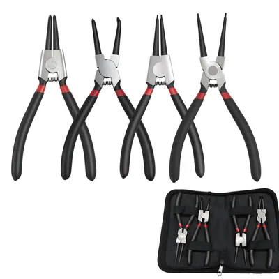 Image de Jeu de pinces à circlips, 4 pièces, pinces pour circlips intérieurs et extérieurs, courbées et droites, en acier au carbone, avec sac de rangement