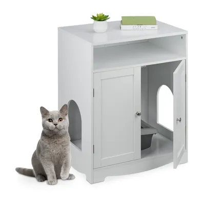 Zdjęcie produktu dla Szafka dla kota Relaxdays na kuwetę, 2 boczne wejścia, otwarta komora, wymiary: 73,5 x 60 x 43,5 cm, domek dla kota, biały