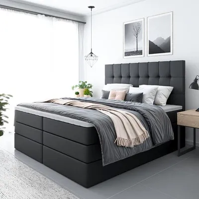 Produktbild von Bett, Boxspringbett MERA PLUS mit 2-Matrazen und VISCO Topper, Doppelbett, Stauraum, Schlafzimmer, Polsterbett, 160x200 cm (Schwarz - Aura 18)