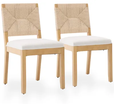 Image de Ensemble de deux chaises de salle à manger avec dossier en corde tressée, assise imitation lin et structure en bois d'hévéa, couleur beige