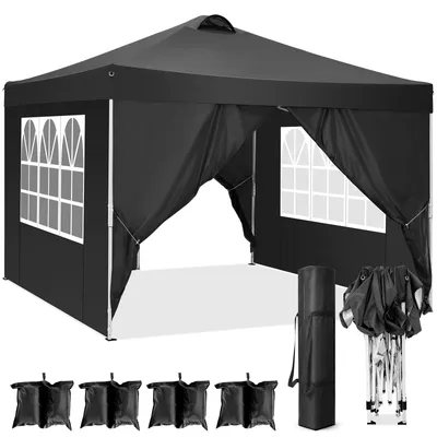 A black pop-up gazebo with windows and side panels, along with its accessories, laid out on a white background.