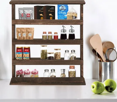 Produktbild von WISFOR drewniany stojak na przyprawy, stojak na przyprawy kuchenne - na ścianę lub stojący, 4 poziomy, półka ścienna stojak na kwiaty