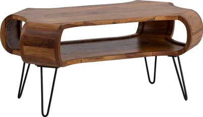 Image de WOHNLING Table basse 100x60x47 cm Sheesham bois massif métal Table basse rectangulaire avec rangement Table basse massive Grande table