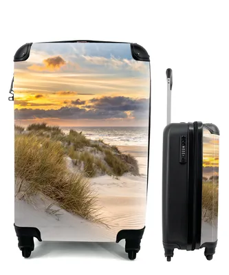 Produktbild von MuchoWow® Koffer Handgepäck Trolley Rollkoffer Kleine Reisekoffer mit 4 Rollen - Strand - Düne - Gras - Sonnenuntergang - Meer - Cabin Size < 55x40x23 cm & 55x40x20 cm - Fotokoffer - Kabinenkoffer - Boardgepäck - Reise-Box - Reisekoffer - Reisegepäck - Koffer mit Bild - Trolley für Kinder