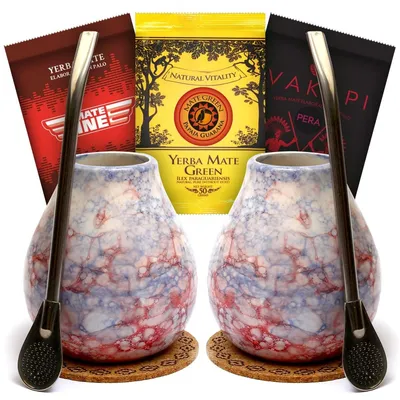 Immagine prodotto di Set da tè Mate Green Mate per due persone - 3x50 g di diversi tipi, 2 matera, bombillas - Regalo per coppie -  Tazza da tè Mate