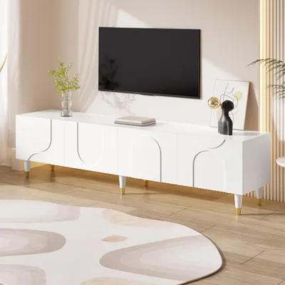 Produktbild von okwish TV-Schrank mit Mehrfachstauraum und Massivholzbeine , Lowboard Vier Türen, minimalistisches Design, Fernsehbank in Weiß