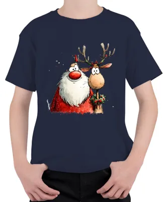 Produktbild von Weihnachtsmann Rentier Cartoon Aquarell lustig Geschenk Retro Kinder T-Shirt, Navy, 128