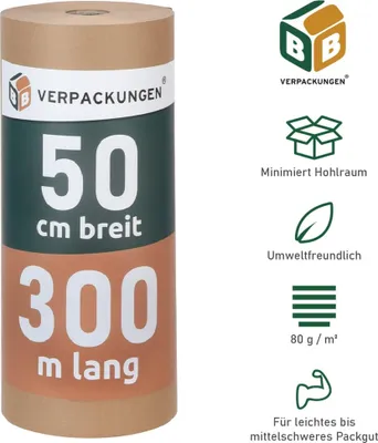 Produktbild von 4 x Natronmischpapier (0,5 x 300 m) Packpapier braun reißfest Kraftpapier Verpackungsmaterial Polstermaterial BB-Verpackungen
