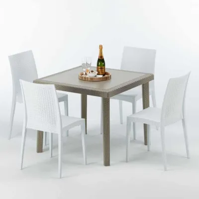 Produktbild von Polyrattan Tisch Quadratisch mit 4 Bunten Stühlen 90x90 Beige Elegance
