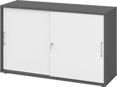 Produktbild von bümö Schiebetürenschrank office - 2 Ordnerhöhen - Griff: Bügelgriff (Metall), Nachbildung: Graphit/Weiß
