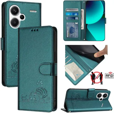 Produktbild von Leder Hülle für Xiaomi Redmi Note 13 Pro+ Süße Katze Flip Case Brieftasche Schutzhülle mit Standfunktion Grün