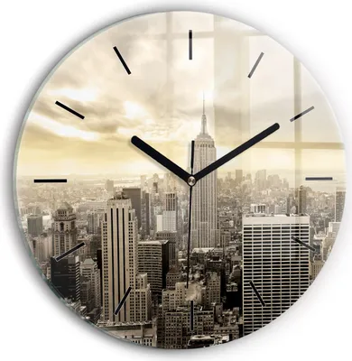 Produktbild von Wallfluent Wanduhr – Stilles Quarzuhrwerk - Uhr Dekoration Wohnzimmer Schlafzimmer Küche - Zifferblatt mit Striche - schwarze Zeiger - 30 cm - Wolkenkratzer in New York