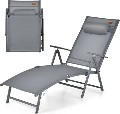 Produktbild von GOPLUS Sonnenliege, Liegestuhl klappbar, Gartenliege , 7 Position verstellbar, Relaxliege mit Kopfstütze, bis zu 150kg, Strandliege (Grau)