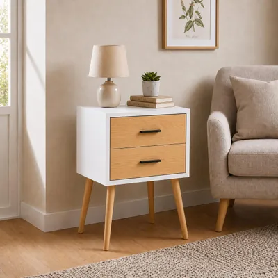 Produktbild von VCM Nachttisch mit 2 Schubladen, 45 x 30 x 70 cm, Beistelltisch im Retro-Design mit Holzfüßen - Singol XXL