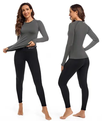 Image de Sous-vêtements thermiques pour femmes, respirants - Ensemble comprenant un t-shirt à manches longues et un collant long - Chaud et léger - Sous-vêtements fonctionnels pour le ski - Polaire coupe-vent