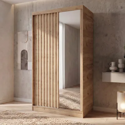 Produktbild von BEAUTYSOFA | Kleiderschrank DONATELLO 120 cm Artisan/Artisan mit Spiegel, Lamellen und 1 Schubkasteneinsatz, Schwebetürenschrank modern