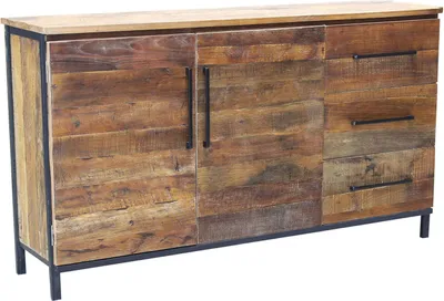 Immagine prodotto di Milani Home - madia credenza moderna 2 ante e 3 cassetti, 150 x 40 x 86 cm, legno naturale e nero, legno e metallo