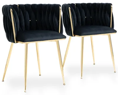 Image de Ensemble de deux chaises de salle à manger en velours, avec dossier et assise tressés et structure dorée, couleur noire