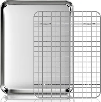 Produktbild von PolkaHome® Backblech mit Kühlrost, Edelstahl rechteckig, 31,5 x 24,5 x 2,5 cm, Kuchenform mit Deckel, spülmaschinenfest, zum Backen,