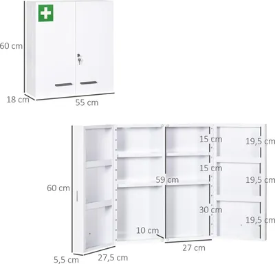 Obrázok produktu pre Lekárnička 2-Dverová Lekárnička So 6 Policami, Lekárenská Skrinka Na Nástennú Montáž, Oceľ, Biela, 55X18X60Cm