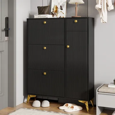 Produktbild von Schuhschrank mit 3 Klappen 1 Schublade und 1 Tür Schuhregal Schuhkipper Schmal H 121 cm / B 90 cm / T 25 cm Schwarz