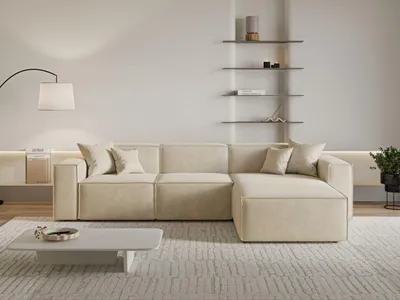 A modern living room scene featuring a beige sectional sofa, a coffee table, and shelves on the wall.