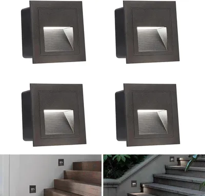 A collage of product shots and lifestyle images showing LED stair lights installed on outdoor stairs.