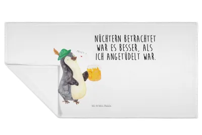 Produktbild von Mr. & Mrs. Panda Handtuch Pinguin Bier - Weiß - Geschenk, , Beschwippst, 50x100, Angetüdelt, Flauschtuch, kleines, baumwolle