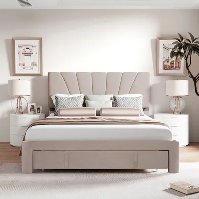 Produktbild von Fortuna Lai Polsterbett 140x200 cm, Doppelbett mit Lattenrost, verstellbarer Rückenlehne und Schublade, Funktionsbett mit Samtbezug