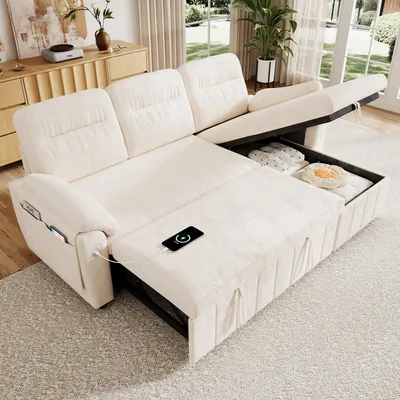 Produktbild von STILVORA Ecksofa mit ausziehbarer Schlaffunktion, Schlafsofa mit Stauraum und USB/Type-C, Wohnlandschaft mit wechselbarer Chaiselongue, Chenille, Beige