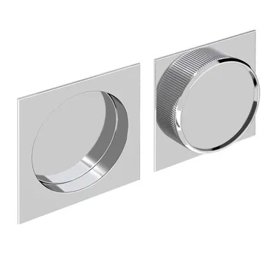 A product shot of two square chrome door handles, one with a circular indentation and the other with a circular knob.