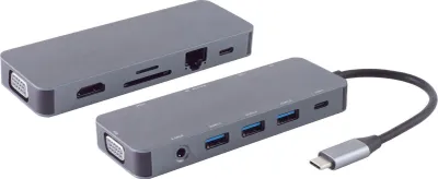 Produktbild von S/CONN maximale Konnektivität USB-DOCK--USB-C Multiport Dockingstation, 11in1, HDMI, VGA, PD, Hub, SD, LAN, AUX (14-05028)