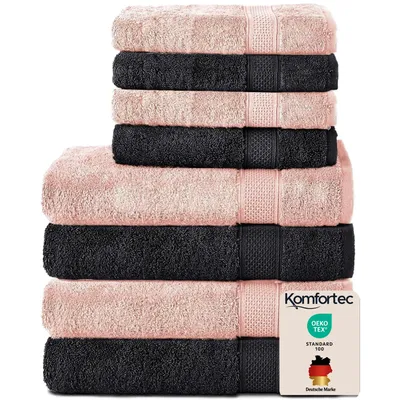 Produktbild von Komfortec 8er Handtuch Set aus 100% Baumwolle, 4 Badetücher 70x140 und 4 Handtücher 50x100 cm, Frottee , Weich,Groß, Schwarz/Rosa