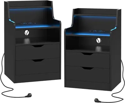Produktbild von 2er Set Nachttisch LED mit Steckdose, Nachttisch Schwarz mit LED-Beleuchtung, Nachtschrank mit 2 Schublade und 2 Offenem Fach, Beistelltisch Nachtschrank für Schlafzimmer, 45x35x72.5cm
