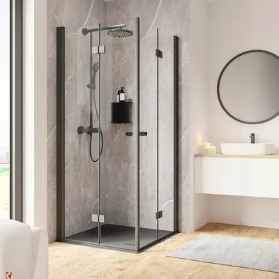 Zdjęcie produktu dla SCHULTE Drzwi wejściowe narożne z drzwiami rozwiernymi, model Garant 2.0 ExpressPlus, wymiary 80 x 80 x 200 cm, profil aluminiowy, szkło przezroczyste, powłoka antyzanieczyszczająca
